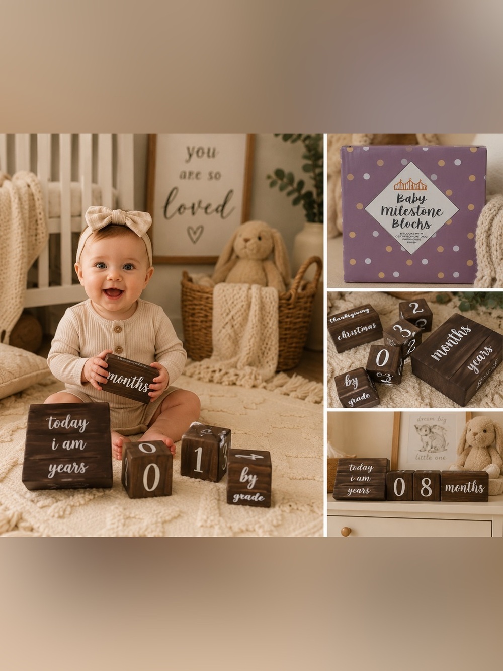 Main Event Wooden Baby Milestone Blocks Farmhouse Photo Prop Unisex Set